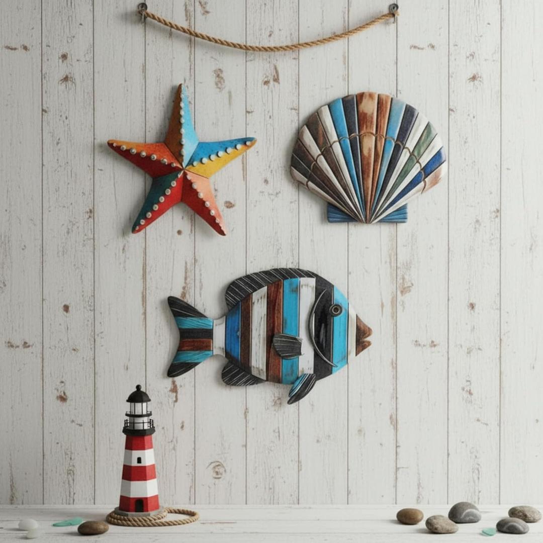 Novabright 3 Pcs Colorful Ocean Wall Decor Art Wooden Sea Fish Seashell Starfish Decor, Farmhouse Coastal Wall Decoration for Beach House Bedroom Hanging Nautical Art for Home Indoor Living Room