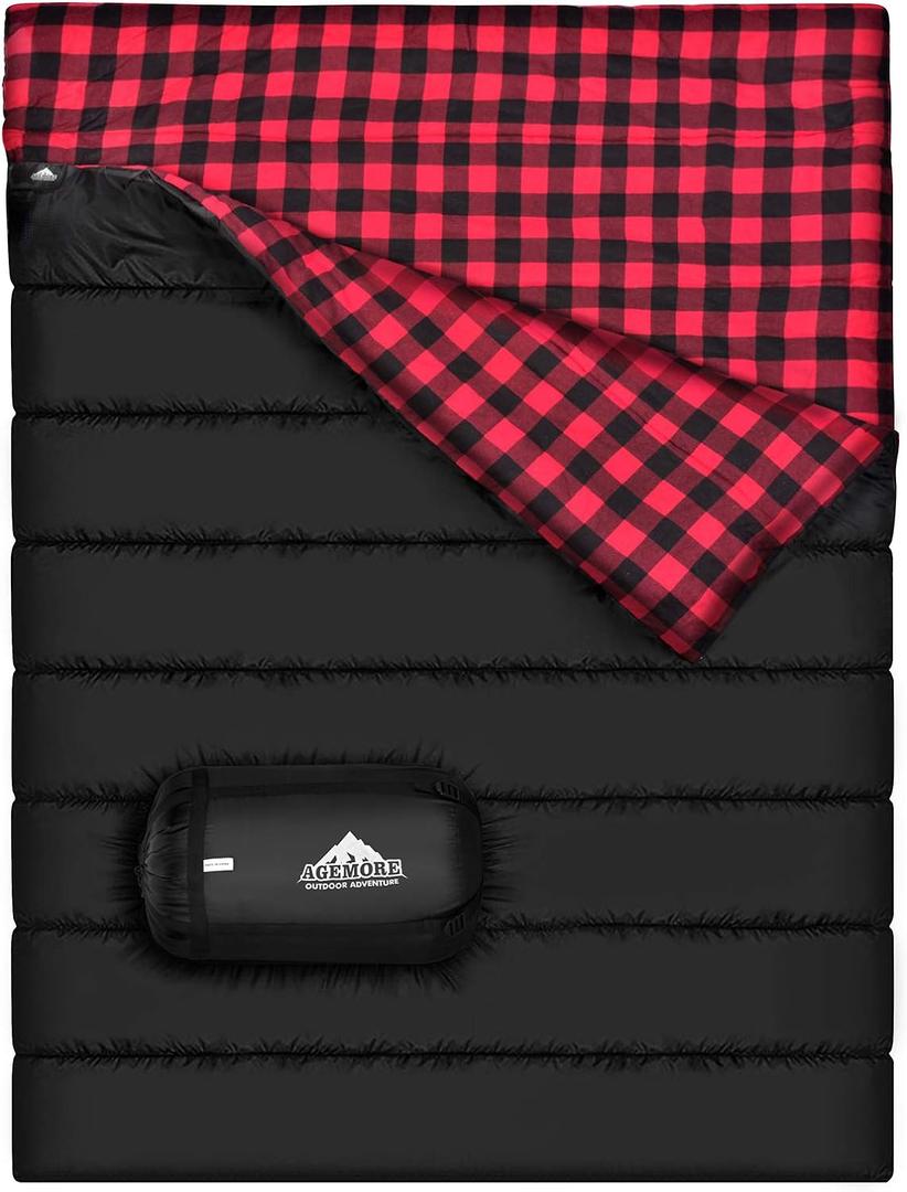 AGEMORE Cotton Flannel Double Sleeping Bag for Camping, Backpacking Or Hiking. Queen Size 2 Person Waterproof Sleeping Bag for Adults Or Teens. Lightweight with Compression Sack (Black/ Red)
