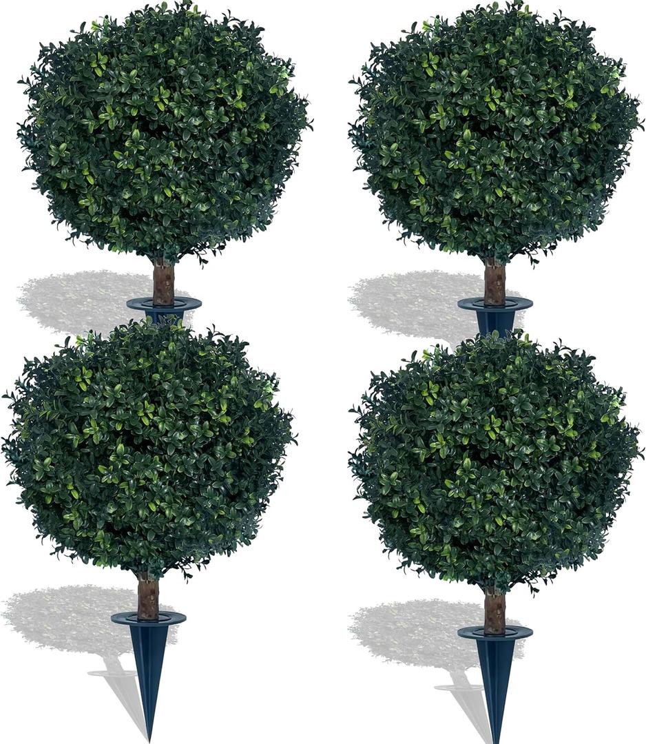 kyesyes Artificial Boxwood Ball Bush 27" Tree BLONYUVC UV Resistance Rated with Spike. Easy to Push in The Ground, Plant Looks Great in a Planter Anywhere. Indoor/Outdoor Decor 4 Pack