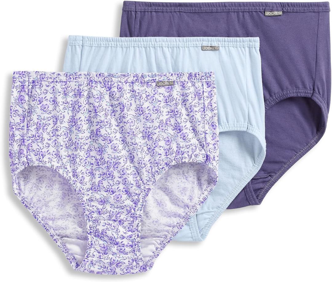 Jockey Women's Underwear Plus Size 100% Cotton Elance Brief - 3 Pack, Midnight Iris/Bouquet Bloom/Frothy Blue, 9