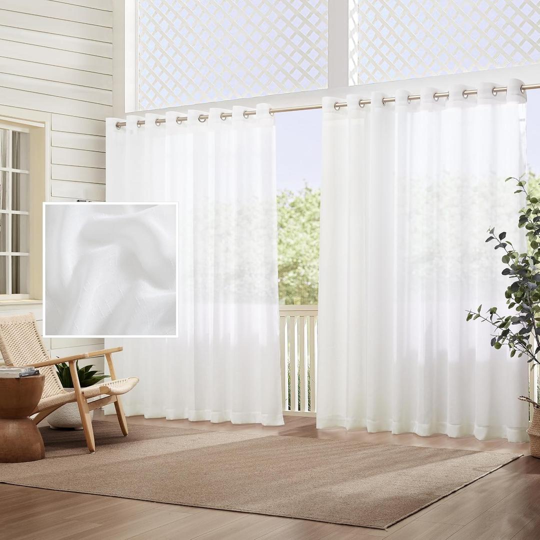 Elrene Home Fashions Carmen Sheer Extra-Wide Weatherproof Indoor/Outdoor Grommet Top Curtain Panel with Coordinating Tieback for Porch, Pergola, Patio, Deck, 114W x 108L, White