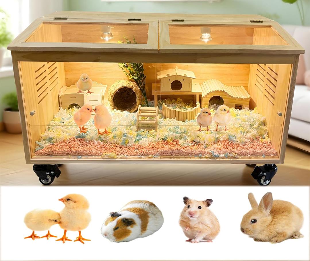 Brooder Box for Chicks Pine Wood Chicken brooder Box with Thermostat & Heating Lamp & Brake CastersSolid Panels Chick brooder for Chicks, Ducklings, Hamsters, Guinea Pigs - Chew-Proof (40x20x20 in)