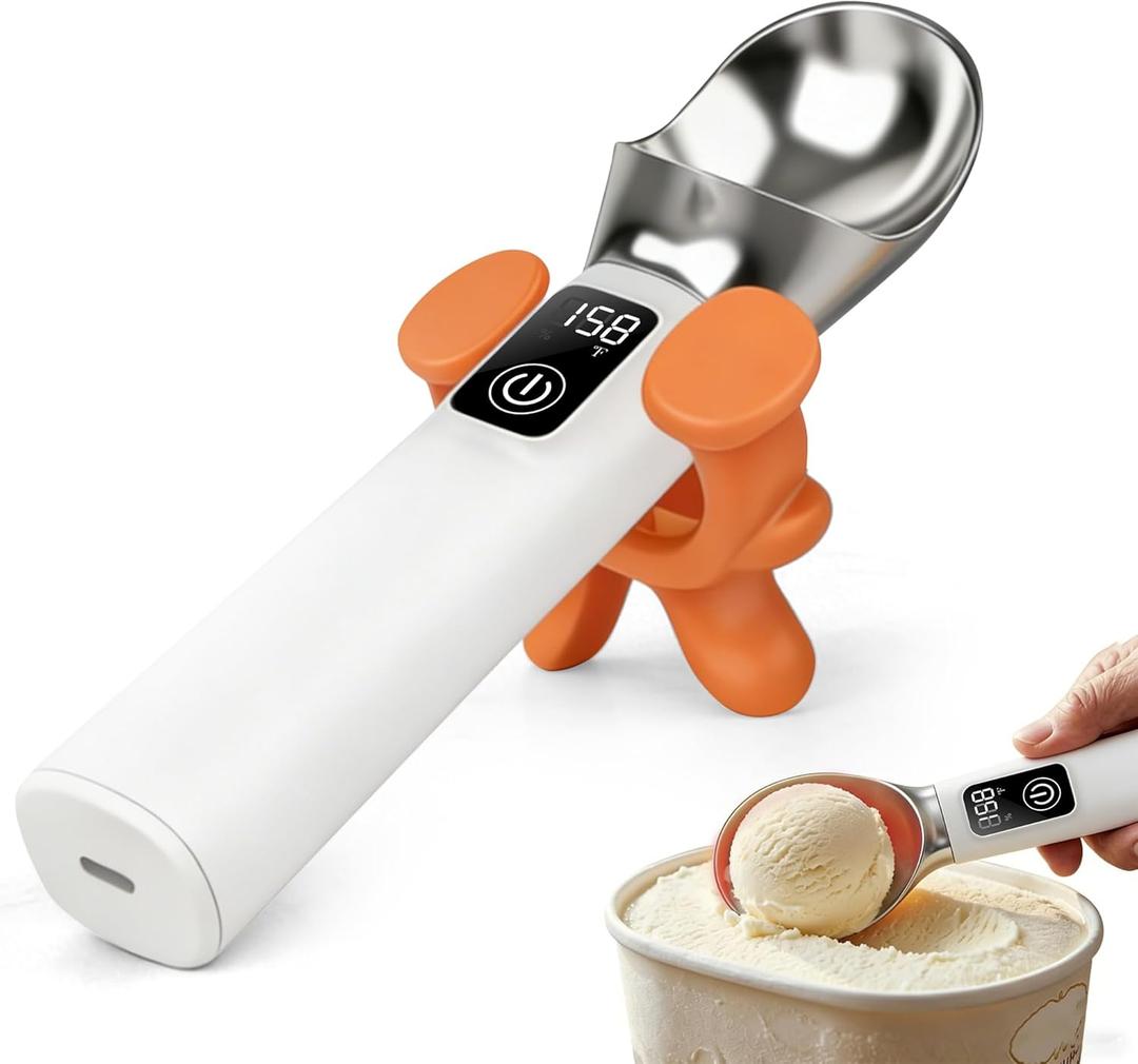 Electric Heated Ice Cream Scoop with Stand, 5000mAh Rechargeable Ice Cream Scooper for Hard Frozen Desserts, 158 Fast Melting & Smart LED Display, IP67 Waterproof Anti-Freeze Spoon, Perfect Gift