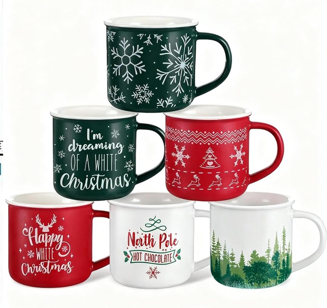 Jinei 6 Pcs Christmas Coffee Mug, Christmas Gift Set for Camper Mugs Nature Forest Cups Campfire Gift Mug Hot Chocolate Ceramic Mugs (red, green, white)