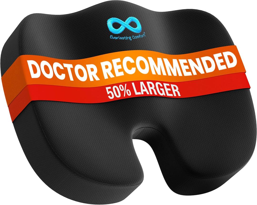 Everlasting Comfort Doctor Recommended Memory Foam Seat Cushion for Office Chairs & Car - Ergonomic Office Desk Accessories - Cushions for Tailbone Pain Relief, Sciatica (Black, X-Large)