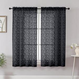 Chyhomenyc Black Short Curtains 45 Inch Length 2 Panels, Light Filtering Leaf Textured Window Curtain Panels for Bedroom Living Room, Elegant Rod Pocket Farmhouse Curtains, 28" Wx45 L, 2 PCS