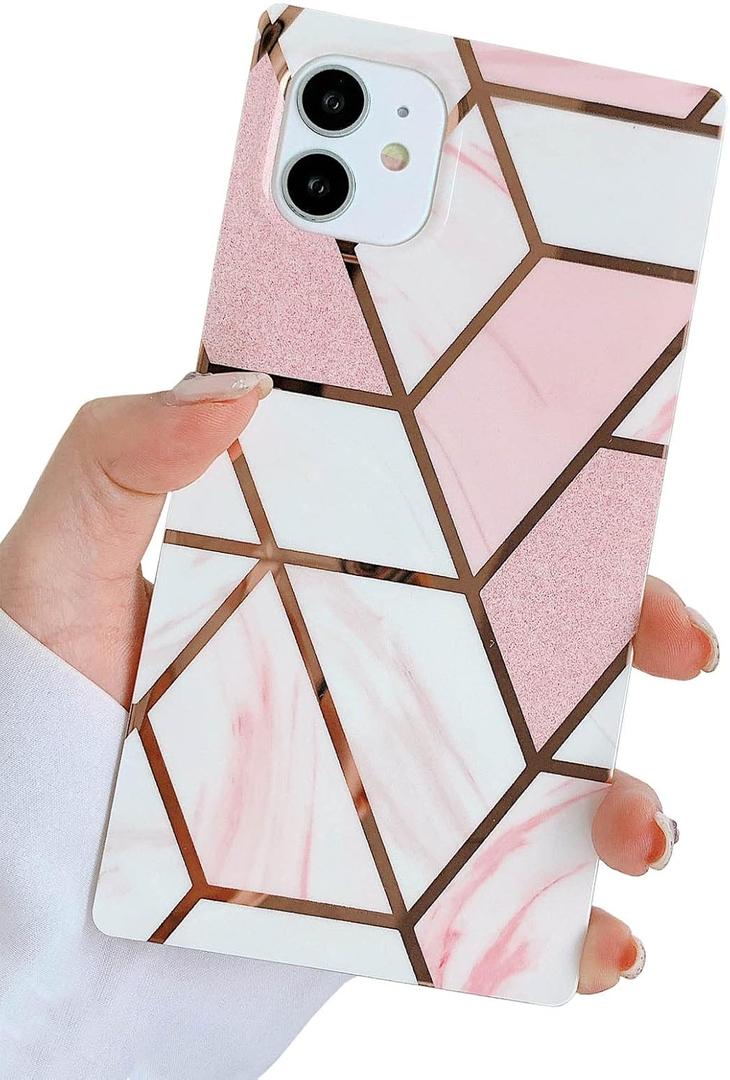 KERZZIL Luxury Rectangle Edge Compatible with iPhone 11 Geometric Marble Case,Slim Stylish Glossy Soft TPU Silicone Rubber Gel Shockproof Protective Bumper Cases Cover(Pink)