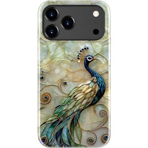  iPhone 17 Pro Case - Wireless Charging Compatible - Dual-Layer Hard Shell + Silicone Cover - Shockproof Protective Phone Case with Stylish Designs for Women - Peacock and Flower
