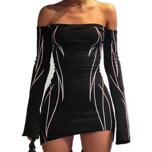 Aopwsrlyi Women Sexy Off Shoulder Long Sleeve Mini Bodycon Dress Y2K Print Asymmetrical Hem Dresses Party Clubwear (Black, M)
