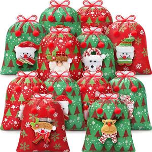 Christmas Gift Doll Bags with Drawstring, 8x10in 3D Christmas Goody Gift Bags Small Fabric Xmas Candy Bag, Burlap Treat Xmas Reusable Gifts Wrapping Bag Holiday Party Favors Decor Santa Sacks