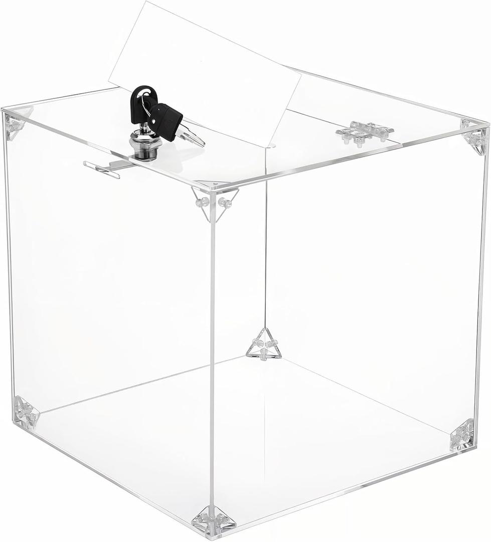 Acrylic Donation Raffle Box with Slot & Lock, Large Clear Ballot Offering Suggestion Ticket Holder for Fundraising Drawing Storage Container Tip Jar Voting Charity (9.8 x 9.8 x 9.8 Inch, Clear)
