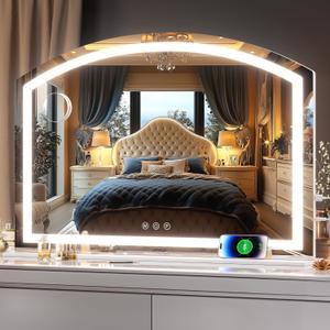 Hasipu Arch Vanity Mirror with Light, 36" x 24" Arched Led Makeup Mirror with 10X Magnification, Lighted Makeup Mirror Desktop with USB Charging Port, Dimmable 3 Colors Mode (36"L x 24"W, White)