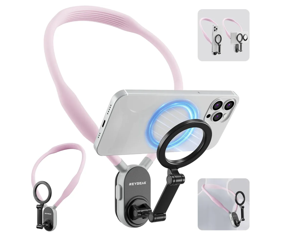 REYGEAK Magnetic POV/Vlog Phone Neck Mount Holder for Magsafe iPhone 16/15/14/13/12 Pro Mini/Plus/Pro/Pro Max, Hand Free Chest Stand Video Recording for Mobile Phone Accessory (Sakura Pink)