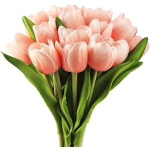 Buart Artificial Tulip in Bulk for Home Kitchen Wedding Bridal Bouquet,Fake Flowers for Valentine's Day Mother's Day Easter Table Centerpieces Decorations(Peach,Real-Touch,12pcs)