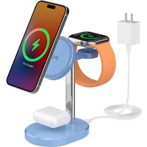 3 in 1 Wireless Charging Station,Detachable Apple Watch Charger & 15W Charger Stand for MagSafe for iPhone, Wireless Charger for Multiple Devices iPhone 16/15/14/13&Watch&AirPodsBlue