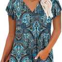 ONLYSHE Women's Summer Shirts and Blouses Casual Short Sleeve Tunic Tops V Neck Loose Fit (2X-Large, 2_b_bluepattern)