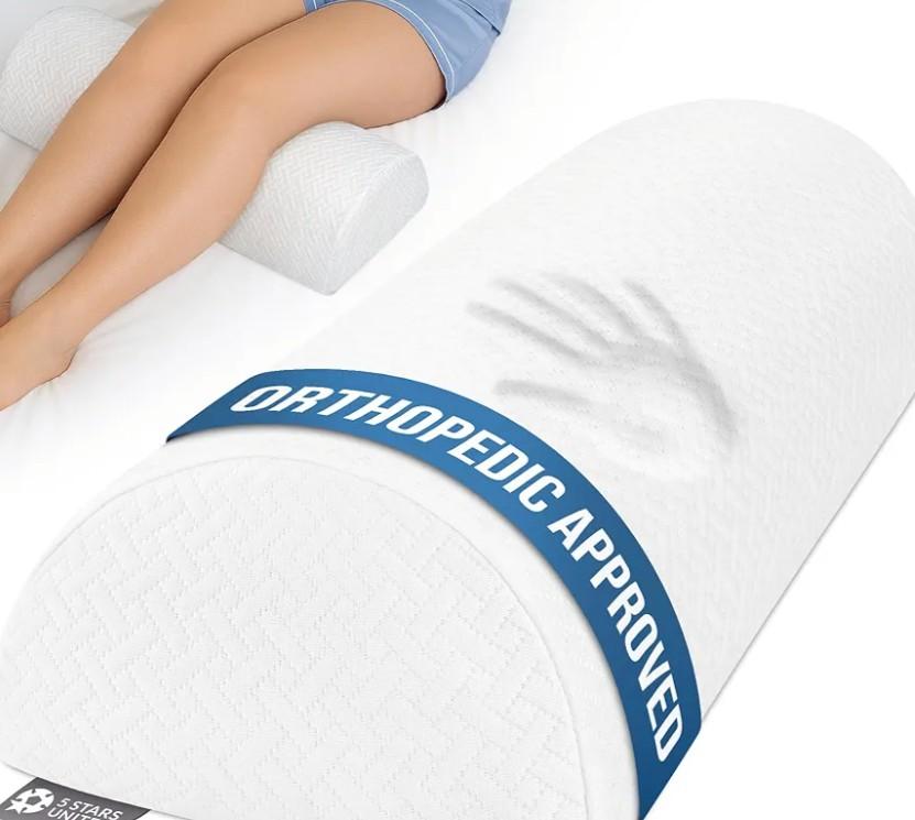 STARS UNITED Knee Pillow for Back Sleeping – Memory Foam Cushion for Sciatica Pain Relief – Under Leg Support for Sleeping on Back – Large Half Moon Bolster for Bed