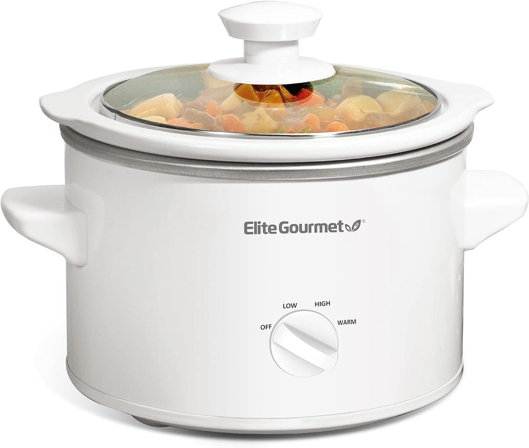 Elite Gourmet MST-250XW Electric Slow Cooker Ceramic Pot Adjustable Temp, Entrees, Sauces, Stews & Dips, Dishwasher Safe Glass Lid & Crock (1.5 Quart, White)