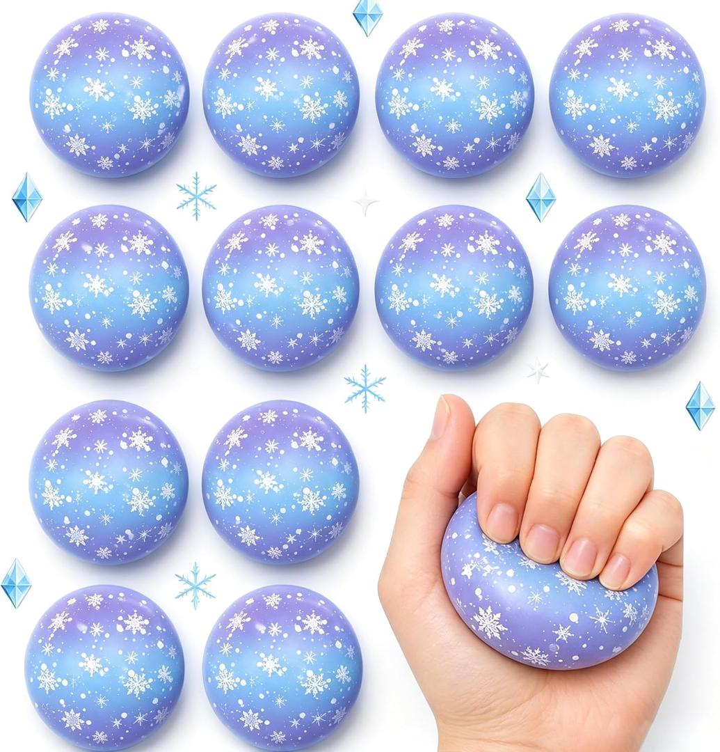 12 Pcs Snowflake Party Favors 1.57'' Mini Stress Balls, Winter Princess Patterns Sensory Decompression Toys, Kids Cartoon Birthday Party Favors Supplies, Goodie Bag Stuffers (Snowflake)