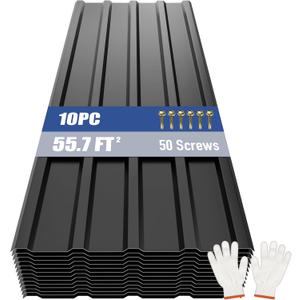 Brakki Metal Roofing Panels 10pcs 55.7 ft, Corrugated Roof Panels, Black | L45.28"xW17.72", Galvanized Steel, with Screw, Heavy Duty Metal Siding, Suitable for Garages Chicken Coop Shed Stables Patio