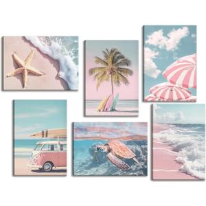 6Pcs Pink Summer Beachy Wall Art Fresh Pink Tropical Ocean Art Print Beach Chairs Starfish Surfboard Palm Tree Wall Decor Retro Coastal Canvas Picture Bus Van Canvas Painting for Bedroom Framed