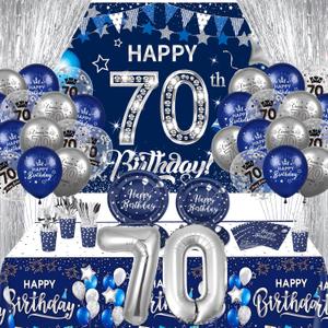 Rumia 70th Birthday Decorations, 131 PCS Navy Blue & Silver Party Supplies: Banner, Balloons, Napkins, Cups, Tablecloth, Foil Backdrops for Men & Women's 70th Birthday Decor
