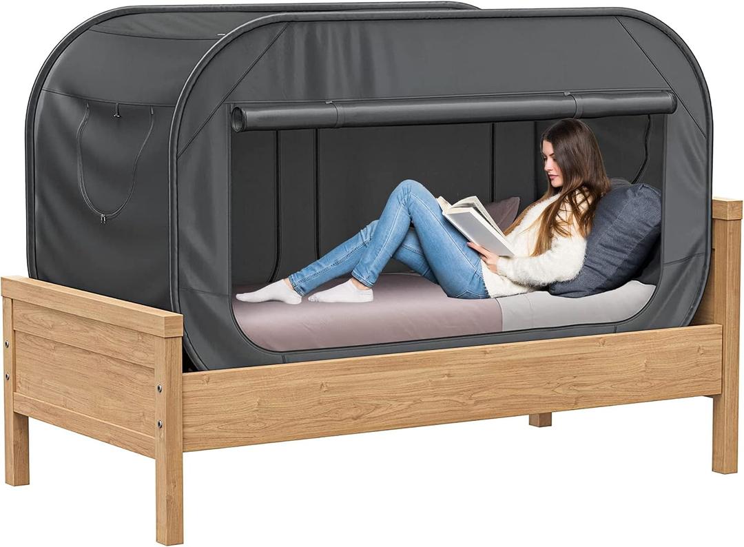 Skywin Twin Bed Tent, Pop-Up Privacy Canopy & Tent Beds for Kids and Adults Cozy, Light Blocking, Breathable Pongee Fabric for Sleep, Play, or Study, Collapsible Design (Black)