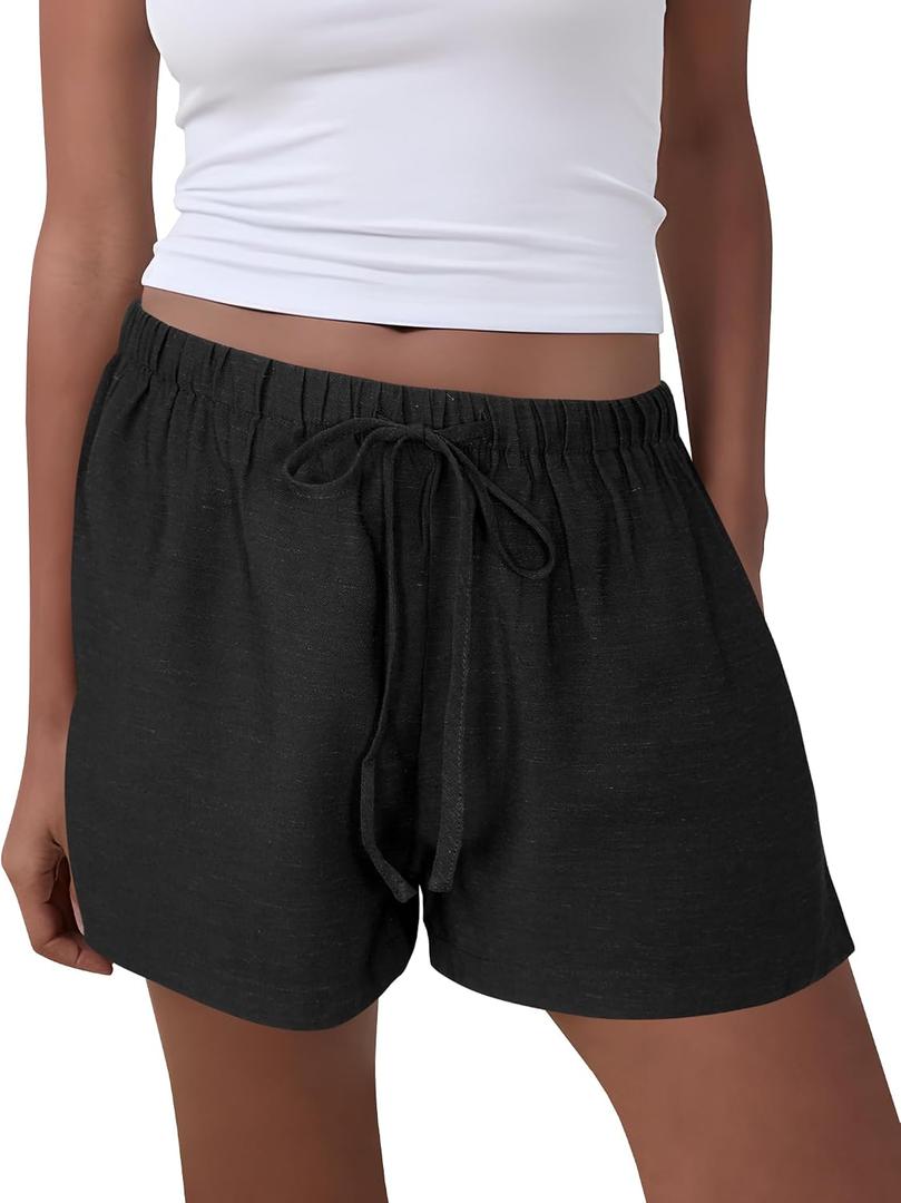 GUOLEZEEV Women Shorts Casual Drawstring Elastic Waist Flowy Linen Cute Y2k Beach Shorts (Black, S)
