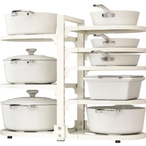 Adjustable Heavy Duty Pots and Pans Organizer Under Cabinet, 8-Tier Pot and Pan Organizers Inside Cabinet, Kitchen Cabinet Organizers and Storage, White