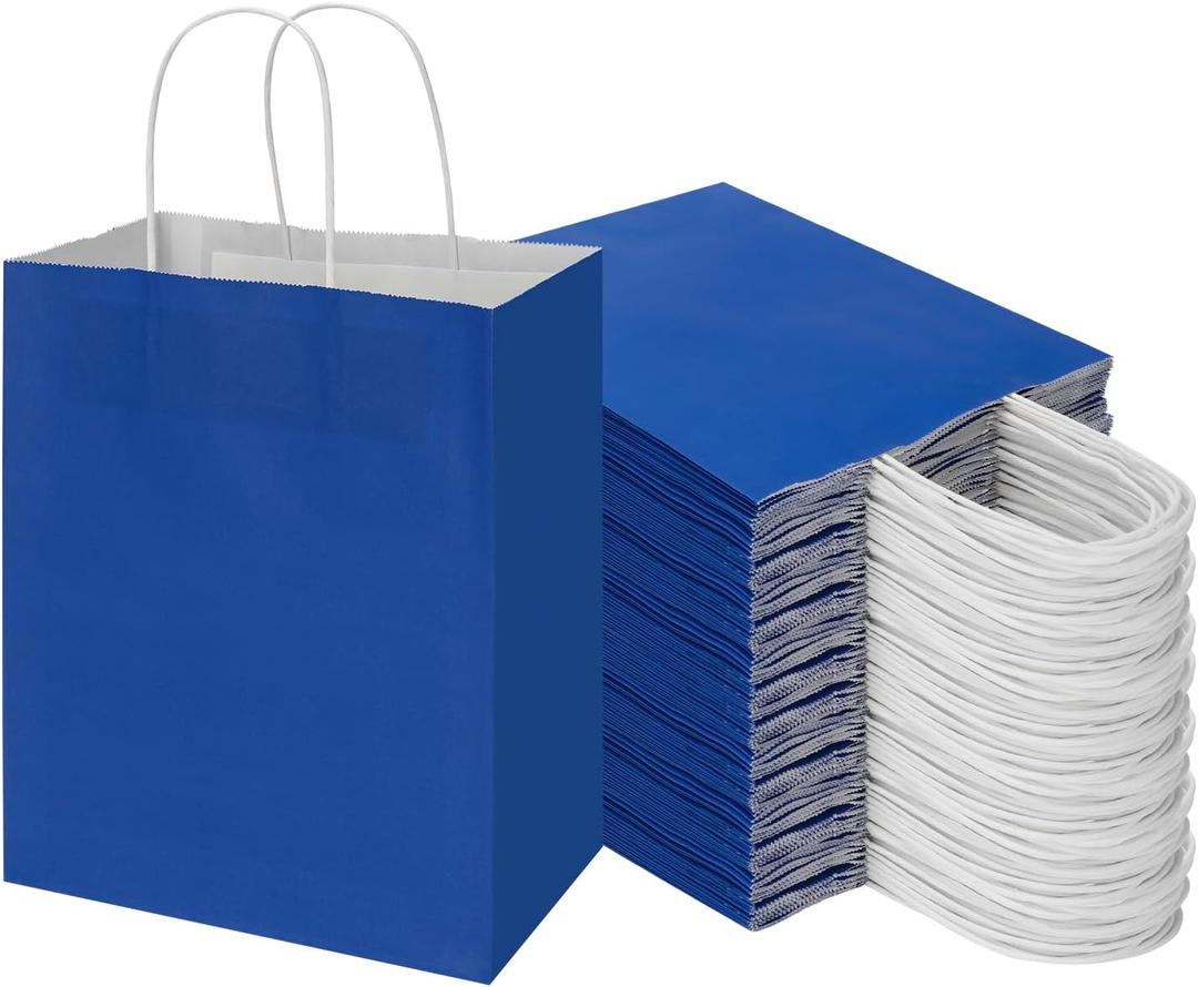 Toovip 100 Pack 8x4.75x10 Inch Medium Royal Blue Kraft Paper Bags with Handles Bulk, Gift Wrap Bags for Favor Grocery Retail Party Birthday Shopping Business Goody Craft Merchandise Take Out sacks