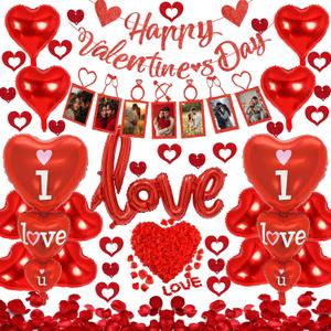 Valentines Day Decorations with Happy Valentine's Day Banner, Photo Banner, I Love You and Red Heart Balloons, and Fake Rose Petals for Valentines Day Party Wedding Anniversary Engagement