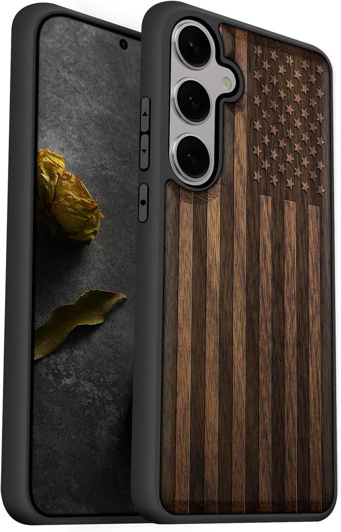 Carveit Wood Case for Galaxy S25 Case 2025 [Natural Wood & Black Soft TPU] Shockproof Protective Cover Unique Wooden Design Compatible with Samsung S25 (American Flag-Walnut)