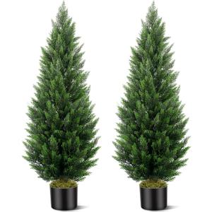 Artificial Topiary Cedar Trees 5FT Tall 2 Set, Outdoor Indoor Faux Pine Shrubs Plants, Realistic Fake Plants Front Porch Decor, Artificial Bushes Cypress for Home Front Door Offices