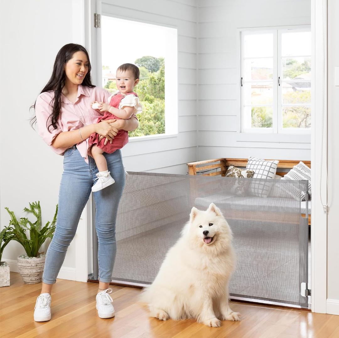 Retractable Baby Gate Perma Child Safety 33" Tall x 71 Wide, Mesh, for Stairs, Doorways, Dogs, Pets, Indoor, Outdoor, One-Handed Operation, Locking, Easy Install, Hardware Mount, Gray