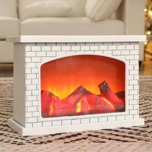 Vicenpal Fireplace Lanterns Decorative Flameless White Brick Tabletop Fireplace Indoor Battery Operated Fire Place USB Operated for Table Christmas Decorations (Neutral Rustic)