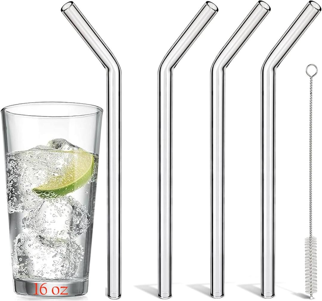 Reusable Glass Straws Shatter Resistant Bent 9 inch 8mm, Clear Glass Drinking Straws for16 oz Cups, Eco-Friendly, BPA Free, Durable and Thick Perfect for Hot & Cold Drinks
