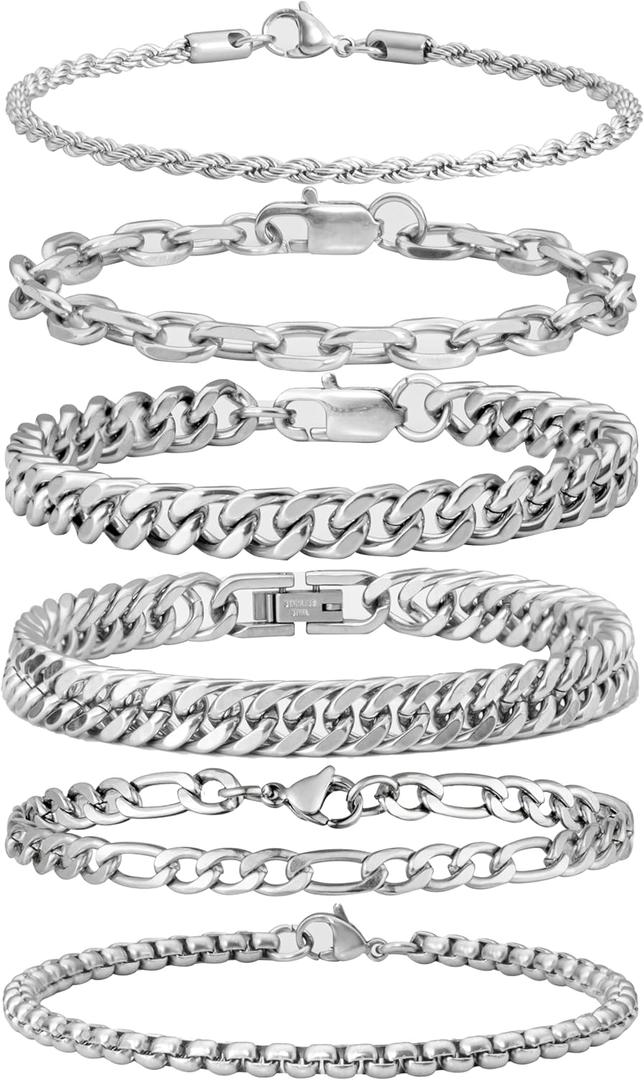 XIANNVXI 6pcs Stainless Steel Bracelets for Men Women Silver/Gold/Black Cuban Link Rope Paperclip Chain Bracelets Set 6.5/7/7.5/8.3/9 Inches Metal Bracelet Mens Fashion Accessories Jewelry Set