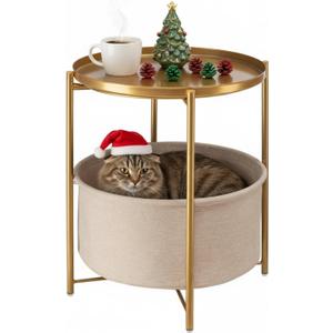 danpinera Round Side Table with Fabric Storage Basket, Metal Side Small Bedside Table Nightstand with Removable Tray Top for Living Room, Bedroom, Nursery, Bathroom, Gold