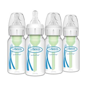 Dr. Brown's Natural Flow Anti-Colic Options+ Narrow Baby Bottle, 4 oz/120 mL, with Level 1 Slow Flow Nipple, 0m+, 4 Bottles (4 Pack, 4oz, Clear)