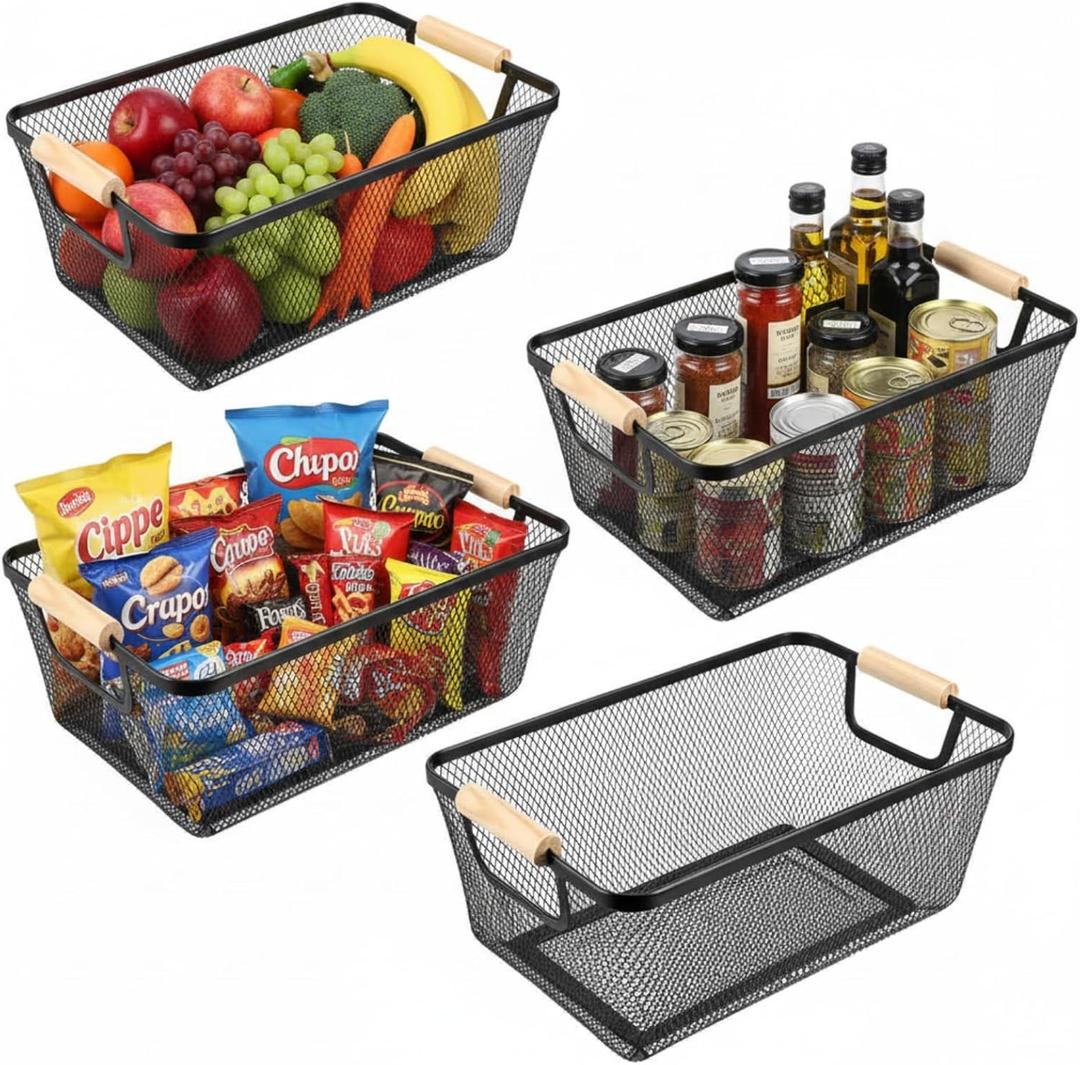 Ziliny 4 Pcs Metal Wire Basket with Wooden Handles Mesh Steel Storage Organizer Bin Containers for Home Organizing Cabinet Pantry Closet Kitchen Fridge Fruit Makeup Snacks Gifts(Medium,Black)