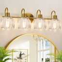 4-Light Bathroom Light Fixtures, 27" Brushed Gold Vanity Lights for Bathroom with Ribbed Clear Tulip Glass Shade, Vintage Bathroom Vanity Lighting Fixtures Over Mirror for Bedroom Living Room Hallway