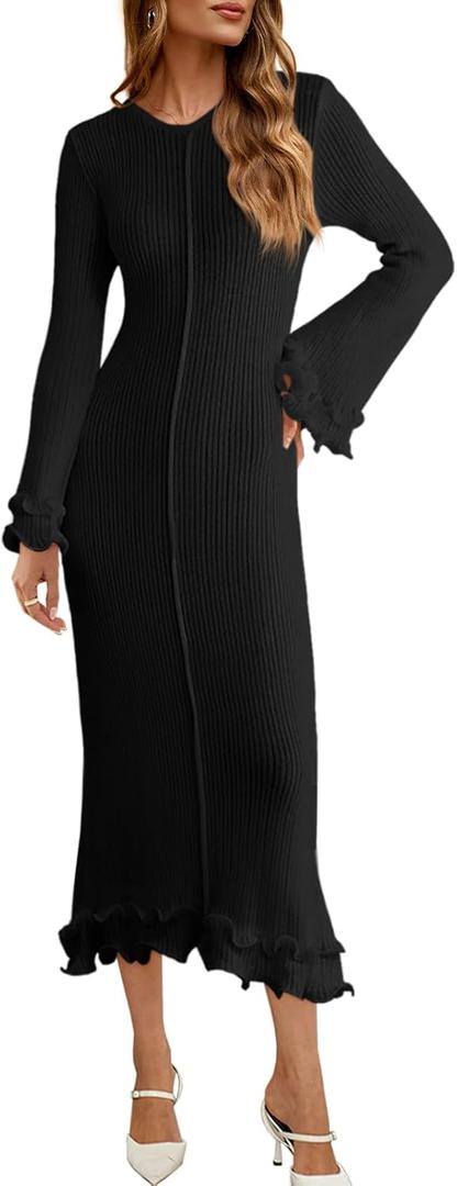 Saodimallsu Women's Bell Long Sleeve Knit Dress Ruffle Bodycon Ribbed Cocktail Party Crew Neck Midi Sweater Dresses (Small, Black)