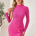 CCTOO Womens Sexy Ruched Bodycon Dress 3D Flower Long Sleeve Half-high Collar Club Party Mini Fitted Dress (XL)