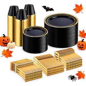 WELLIFE 600 PCS Black Gold Disposable Dinnerware Set for 100 Guests