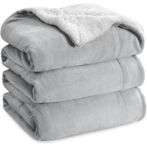 Bedsure GentleSoft Sherpa Fleece Blanket Queen Size for Bed, Non-Heated, Thick and Warm Throw for Women and Men, Soft Fuzzy Plush Queen Blanket for Winter, Light Grey, 90x90 Inches
