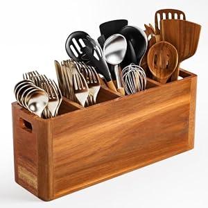 Extra Large Utensil Holder for Kitchen Counter, Acacia Wooden Utensil Holder with 4 Compartment, Kitchen Counter Organizer for Storage Spatula and Silverware, Ideal Christmas Gift for Farmhouse Decor