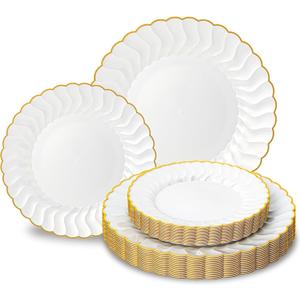 Lullaby 60PCS Pearl White Scalloped Plastic Plates with Gold Rim, Disposable Elegant Plates Include 30pcs Dinner Plate 10.25", 30pcs Dessert Plate 7.5", Perfect for Daily Use, Wedding and Party