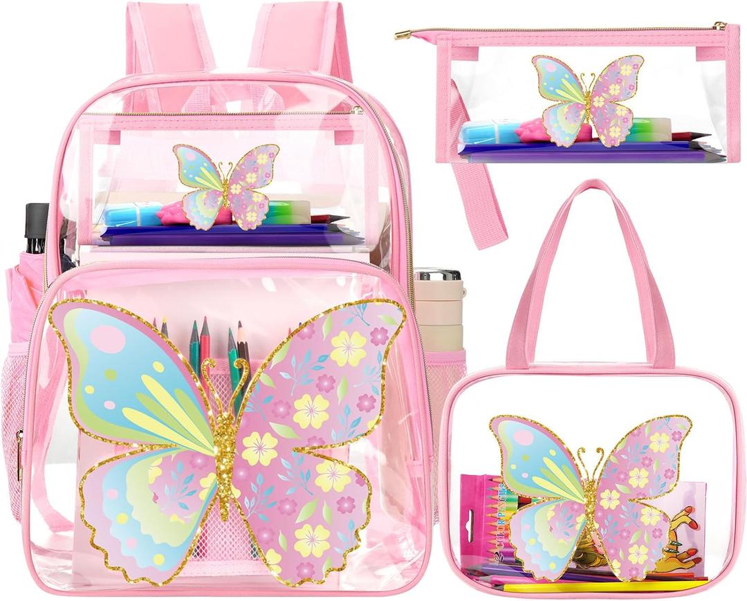 Kacctyen 3 Pcs Heavy Duty Clear Backpack Set, Rainbow, Butterfly