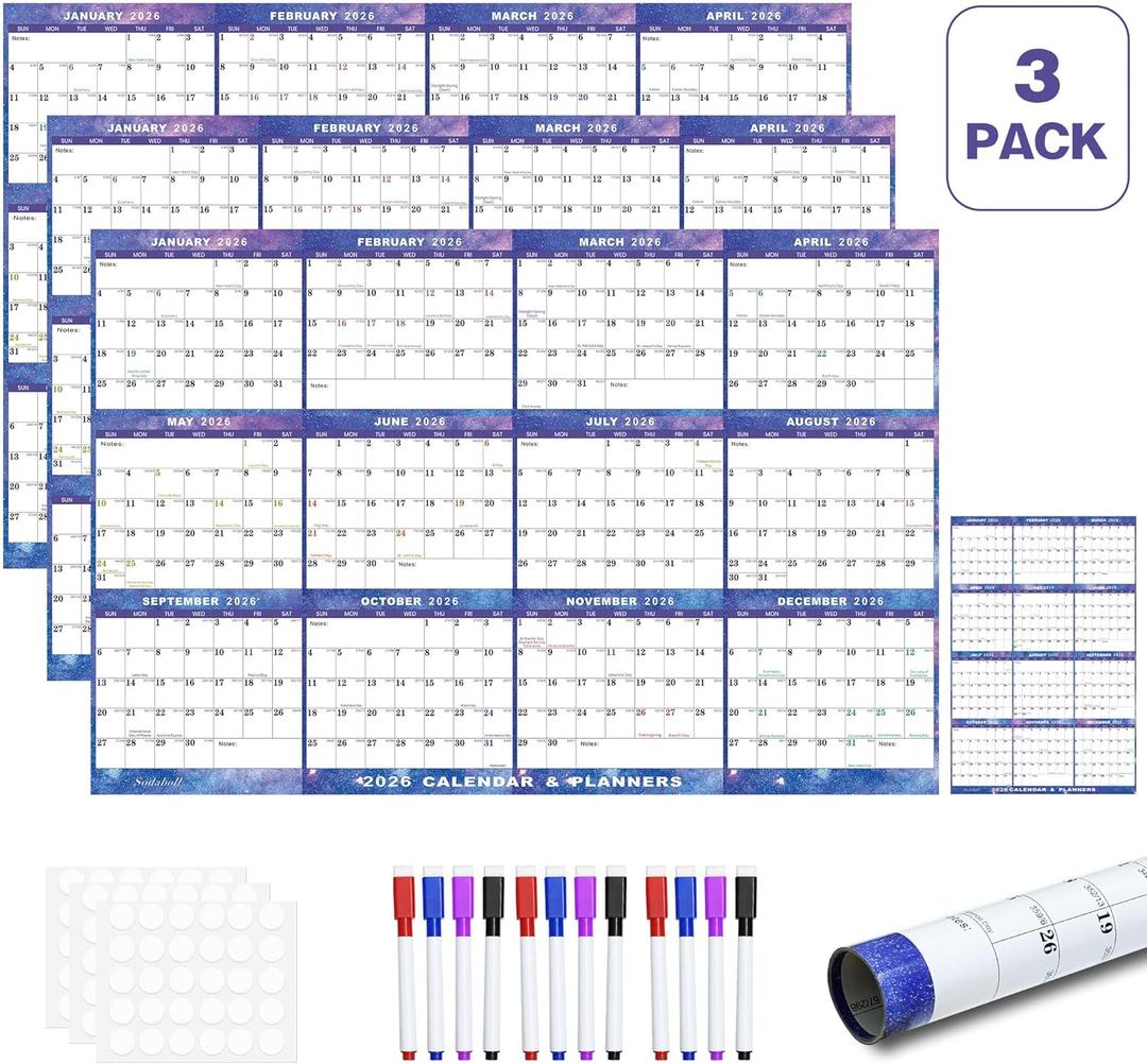 3pcs 32" x 48" 2026 Wall Calendar Dry Erase - Large Starry Sky Calendar Wet & Dry Erasable Laminated 12 Month Annual Yearly Planner, Reversible, Horizontal/Vertical (2026 Wall Calendar)