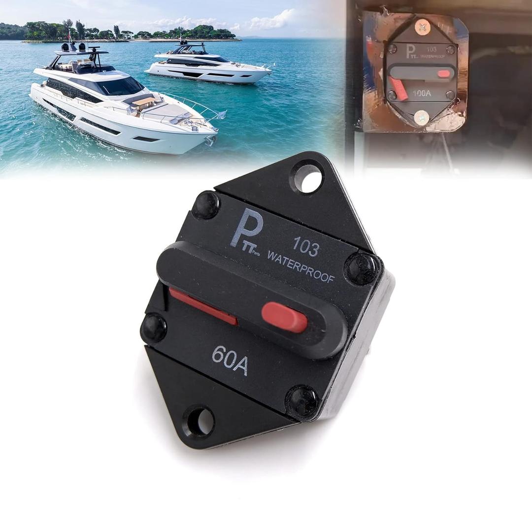 Hi-Amp Circuit Breaker T1 Reset, Extended Face Parallel Bolt Mount 1/4" for Boat Marin RV CaravaReset, Water Proof,Resistant (Panel Mount, 60A)